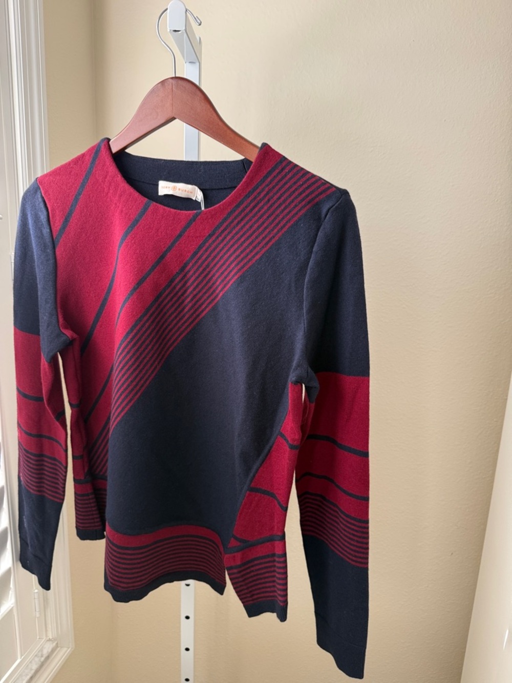 Two-Tone Navy and Burgundy Striped Knit Sweater